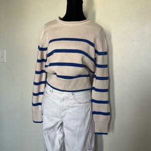 GAP Cream and Blue Striped Crew Neck Sweater